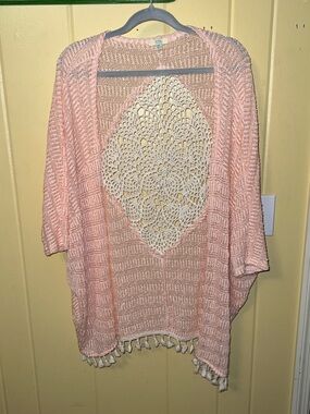 Kori Pink Peach and Cream Open Crochet Knit Boho Chic Cottage Cardigan Size M/L